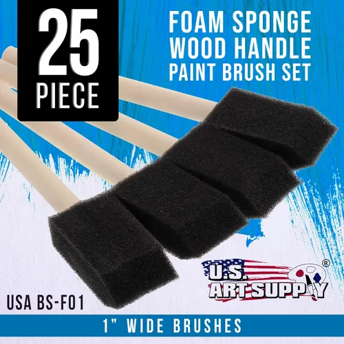 Vista 2 de US Art Supply - Juego de pinceles de pintura de espuma de 1 pulgada con mango de madera (paquete de valor de 25) - Ligeros, duraderos e ideales