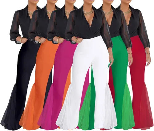 Vista 2 de Choichic Pantalones acampanados para mujer, con malla transparente, cintura elástica, pierna ancha, cintura alta, pantalones largos acampanados