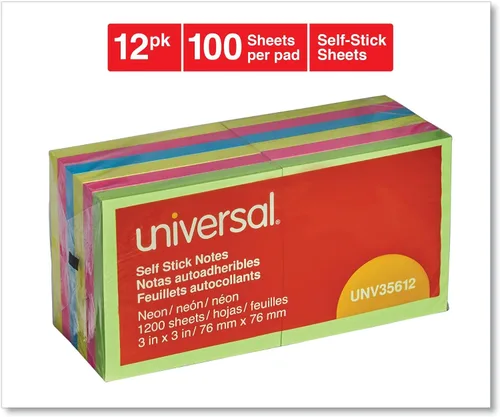 Vista 2 de Universal 35612 Bloc de notas autoadhesivo, 3 x 3, colores neón surtidos, 100 hojas (paquete de 12)