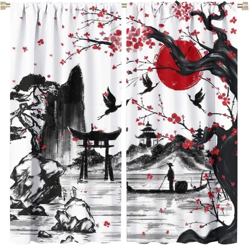 Vista 14 de Cortinas opacas con bolsillo para barra de arte asiático japonés para dormitorio, diseño de anime azul, océano, fantasía, cielo estrellado, Torii
