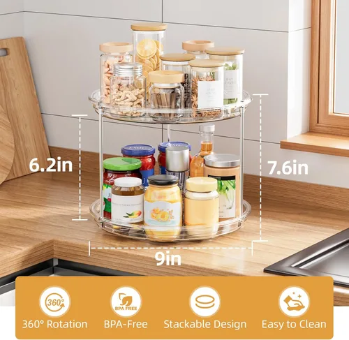 Vista 2 de LAMU Lazy Susan - Organizador giratorio de 2 niveles para gabinete, estante de especias giratorio de 9 pulgadas para cocina, despensa, encimera