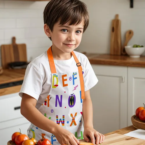 Vista 7 de SANDJEST Juego de delantal para niños con gorro de chef, regalos de delantal de cocina Alfabeto