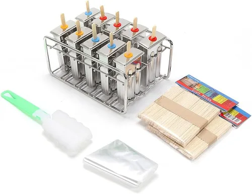 Vista 5 de Molde para hacer helados de acero inoxidable, moldes para paletas de hielo con 10 tazas de molde y estante, herramienta para hacer moldes de paletas