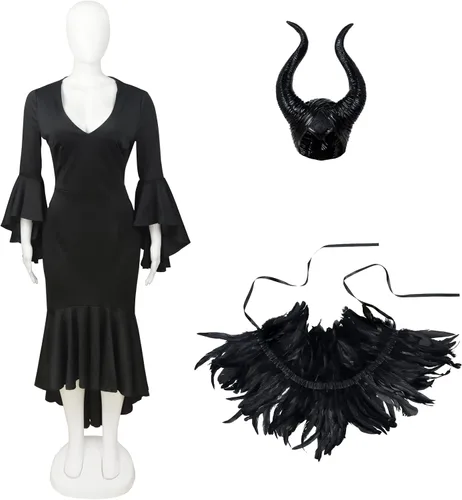 Vista 6 de UQJE Vestido negro de lujo para mujer, disfraz de capa de plumas con cuernos de maléfica