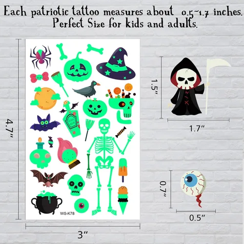 Vista 3 de 216 tatuajes temporales brillantes de Halloween para niños, bolsas de regalo, premios y recuerdos de fiesta