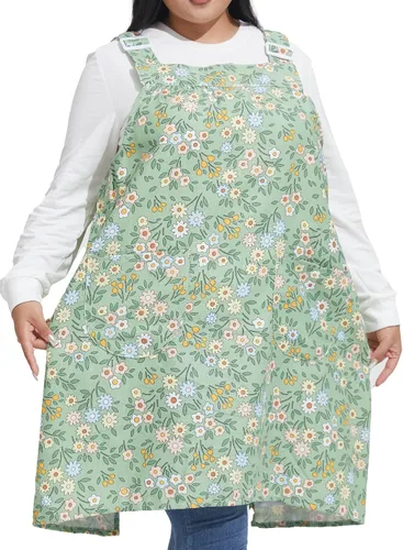 Vista 16 de Delantales sin lazos para mujer, talla grande, con bolsillos, de algodón, lino, para hornear, cocina, cocina