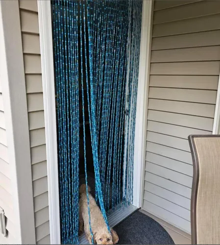 Vista 2 de BeadedString - Cortina con cuentas de madera natural y bambú, 77 pulgadas de alto (azul, 35.5 pulgadas de ancho)