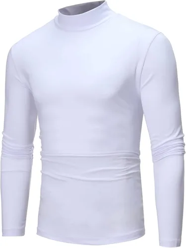 Vista 4 de Camisetas negras para hombre 2023 de manga larga cuello alto cálido suéter casual suave cómodo sólido Mock Pullover Undershirt