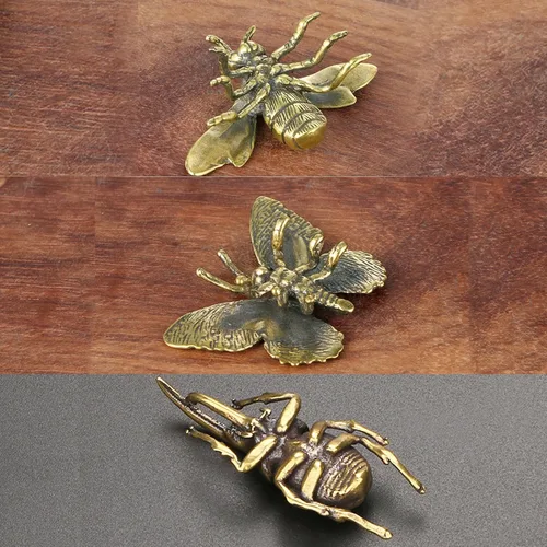 Vista 5 de SnowOwl Figura de mariposa dorada, 3 piezas de estatuas de abeja de latón vintage, adorno de animal de metal sólido, mini escultura de escarabajo
