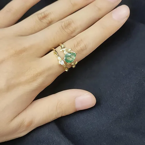 Vista 4 de DONGHU Juego de anillos de compromiso de ágata musgo natural plata10K14K18K oro macizo inspirado en hojas y musgo ágata, ágata verde, vintage, único