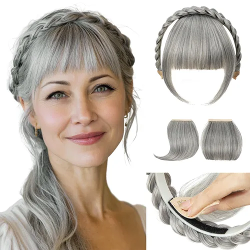 Vista 7 de SARLA Diadema trenzada con 3 flequillos desmontables con clips, extensiones de cabello con flequillo para mujer, banda de cabello sintética falsa