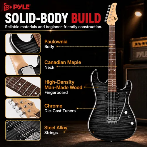 Vista 6 de Pyle Kit de guitarra eléctrica con amplificador, instrumento de tamaño completo con pastillas Humbucker, amplificador de guitarra eléctrica y Negro