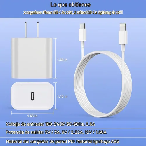 Vista 5 de Cargador rápido para iPhone, [certificado Apple MFi] Paquete de 2 cargadores de pared PD USB C con cargador de pared USB C extra largo de 10 pies a