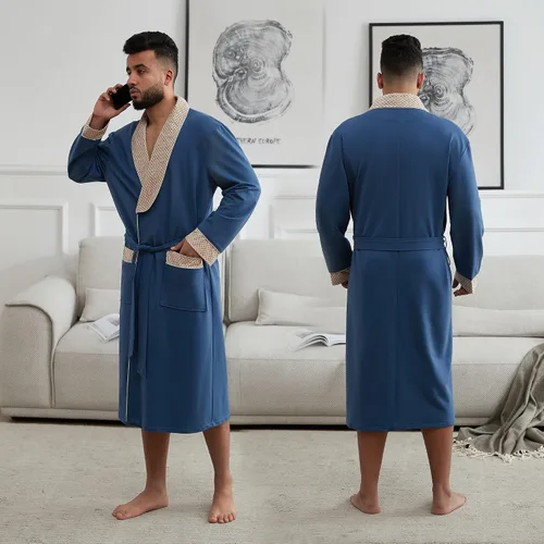Vista 5 de MHJHBBE Bata de punto para hombre, de algodón, ligera, suave, de manga larga, con cuello chal