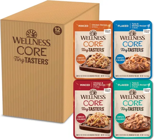 Vista 12 de Wellness CORE Tiny Tasters - Alimento húmedo en paté para gatos adultos, natural, rico en proteínas, sin granos, bolsa de 1.75 onzas, paquete de 12