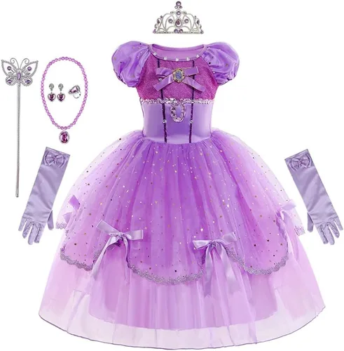 Vista 33 de REXREII Disfraz de princesa Sofía para niñas, disfraz de Halloween, Navidad, fiesta, cumpleaños, noche, vestido de baile con accesorios