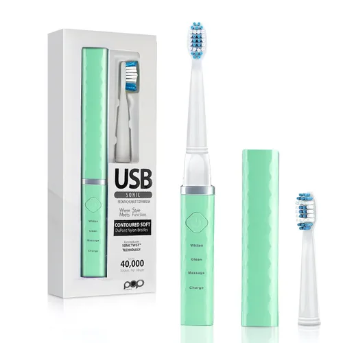 Vista 3 de Pop Sonic Cepillo de dientes USB Charge Anywhere (verde) - Cepillo de dientes recargable con hasta 40,000 trazos de cepillo/Minuto-Cerdas de nailon
