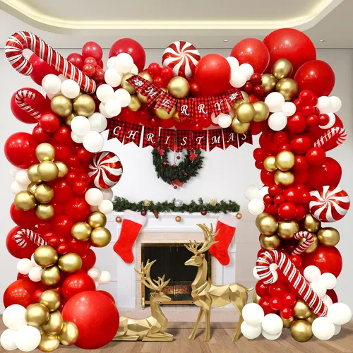 Vista 5 de DBKL Kit de arco de guirnalda de globos de Navidad, 153 piezas con globos de Navidad, rojo, dorado y blanco, globo de aluminio de bastón de caramelo