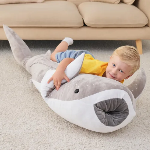 Vista 6 de Animal de Peluche Gigante de Tiburón Ballena Gris de 48 Pulgadas Tiburón Ballena Abrazable Peluche Almohada de Tiburón para Niños y Adultos, Regalo