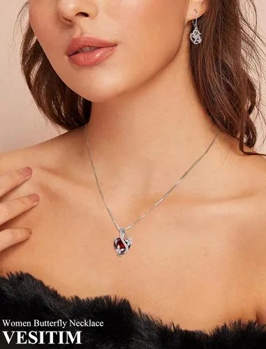 Vista 3 de Juego de joyas de plata de ley con diseño de mariposas y granate para mujer, collar, aretes, pulsera, regalo
