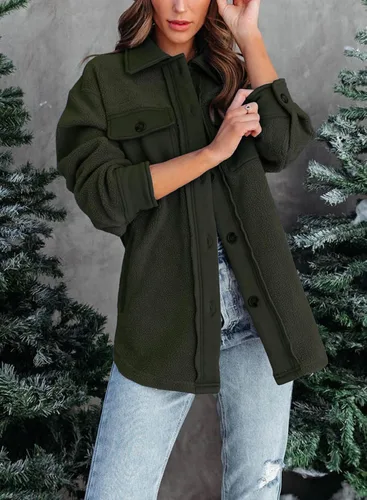 Vista 3 de Chaqueta de forro polar para mujer, de invierno, casual, de manga larga, con botones, cálida, con bolsillos