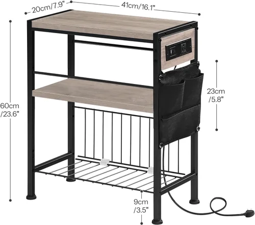 Vista 3 de HOOBRO Mesa auxiliar con estación de carga, mesa auxiliar pequeña con soporte para revistas, mesita de noche, estante de almacenamiento de 3 niveles