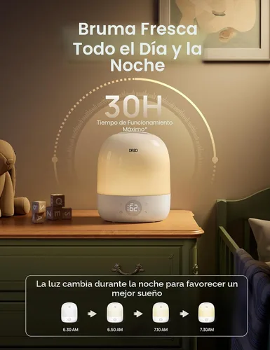 Vista 4 de DREO Humidificadores para dormitorio, tiempo de funcionamiento máximo de 30 horas, luz nocturna RGB y entrenador de sueño, humidificador de niebla