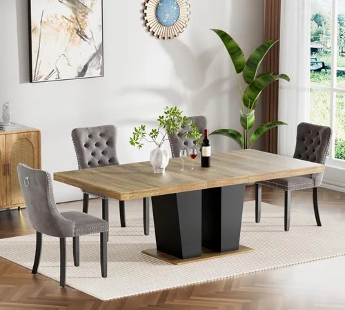 Vista 21 de Juego de mesa de comedor extensible de 5 piezas con 4 sillas de tela, mesa extensible marrón con base negra, juego moderno de comedor de madera