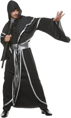 Vista 3 de EraSpooky Disfraz de hechicero medieval de brujo para hombre, disfraz de Halloween, bata de sacerdote para cosplay