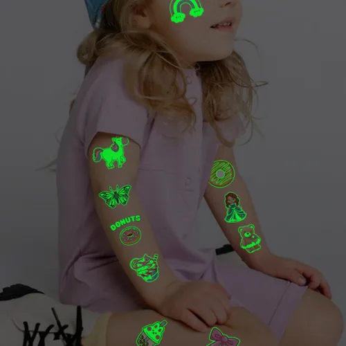 Vista 6 de CHARLENT 204 tatuajes temporales luminosos envueltos individualmente para niños, tatuajes divertidos que brillan en la oscuridad para niños y niñas
