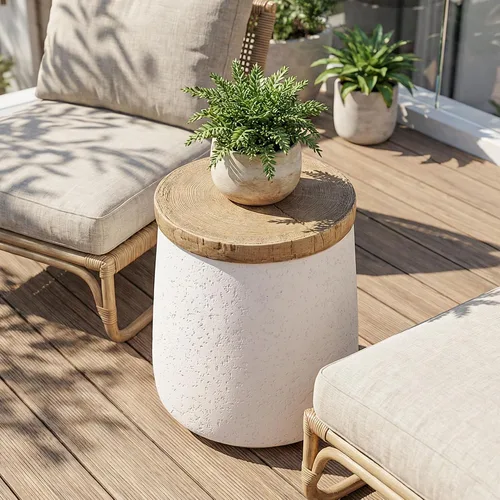 Vista 9 de COSIEST Mesa auxiliar para exteriores, mesa auxiliar de tambor, parte superior de madera sintética, base negra con tronco de árbol pintada a mano