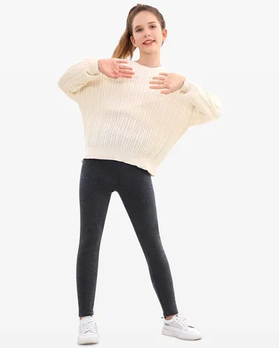 Vista 4 de Domee Leggings con forro polar para niñas, pantalones de invierno de algodón, paquete de 2 unidades, cálidos y gruesos, cintura alta, negro + gris