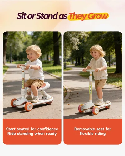 Vista 3 de Foldable Car-Themed 3 Wheel Kids Scooter, Light-Up, Ages 3-8 Blanco