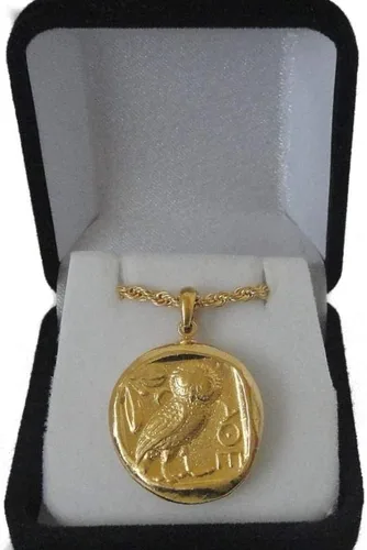 Vista 2 de Atenea y búho, famoso colgante y cadena de monedas griegas antiguas, diosa de la sabiduría, "Marca de Atenea" mitología griega G, Acero inoxidable