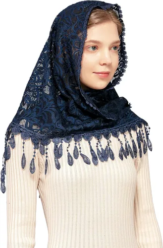 Vista 4 de Wgior Triángulo Flor Capilla Velos Católico Latino Masa Cabeza Cubierto de Encaje Bufanda Mantilla Velos para Iglesia
