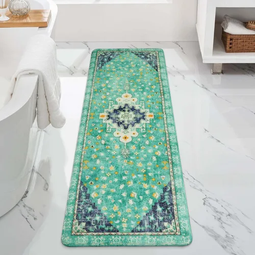 Vista 32 de Uphome Alfombra de baño vintage, azul, bohemio, antideslizante, oriental, suave, lavable a máquina, lindas alfombras de baño tribales florales