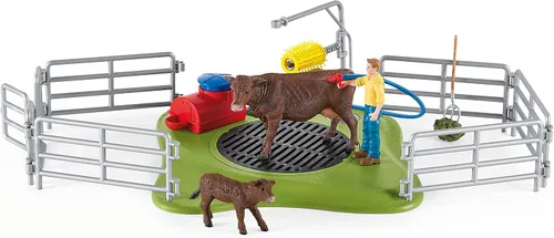 Vista 4 de Schleich Farm World, juguetes de animales de granja para niños, Happy Cow Wash con juguetes de vaca y área de lavado de trabajo, juego de 16 piezas