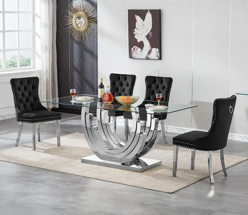 Vista 29 de Juego de mesa de comedor de cristal dorado de 5 piezas, 70 pulgadas, rectangular, moderna, para cocina y comedor, mesa de comedor para 4, mesa