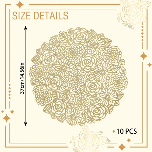 Vista 2 de 10 manteles individuales redondos de vinilo prensado dorado, manteles individuales metálicos, antideslizantes, para bodas, cenas, fiestas, Flor