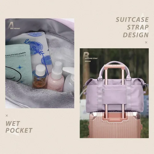 Vista 6 de Bolsa de gimnasio para mujer con compartimento para zapatos, bolsa de lona de viaje, bolsa de deporte para gimnasio, F5-Púrpura Claro, Bolsa de viaje