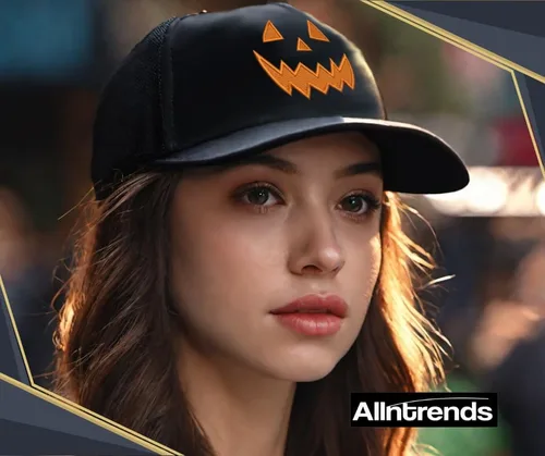 Vista 3 de Gorra de camionero de calabaza, gorra de Halloween con diseño de terror sonriente, gorra de malla bordada