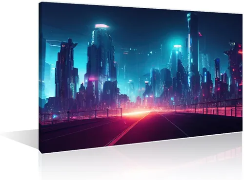 Vista 39 de 1 panel de cuadros de la ciudad de Cyberpunk, arte de pared, representación de vallas publicitarias, edificios modernos en la capital con obras