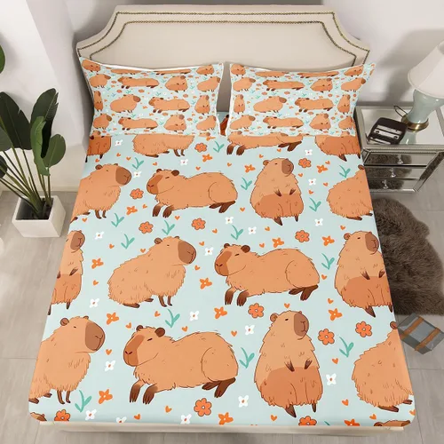 Vista 8 de Capybara - Juego de sábanas bajeras de tamaño individual para niños, amantes de los animales, para niños, adolescentes, regalos para amantes