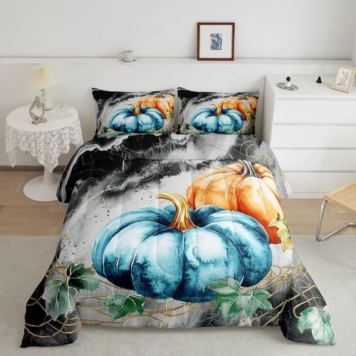 Vista 27 de Erosebridal Juego de edredón individual de pavo de Acción de Gracias, juego de ropa de cama de calabaza con hojas de otoño para niños y adultos