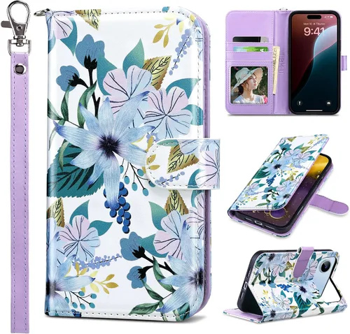 Vista 13 de ULAK Funda tipo billetera compatible con iPhone 15 para mujeres, funda tipo cartera con estampado floral de piel PU premium con porta tarjetas