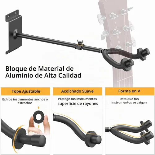 Vista 4 de LEKATO Soporte de pared para guitarra para múltiples guitarras, 5 perchas ajustables, soporte de pared para guitarra, clips fijos, soporte