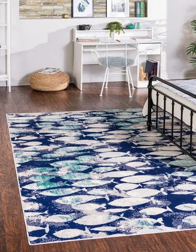 Vista 8 de Unique Loom Ariel Collection - Alfombra de área con diseño de peces (2' x 3' 1", rectangular, azul/marfil)