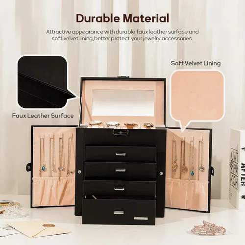 Vista 6 de Homde Caja de joyería enorme de cuero sintético Organizador de reloj con espejo Collar Anillo Pendiente Almacenamiento Caja de regalo con cerradura