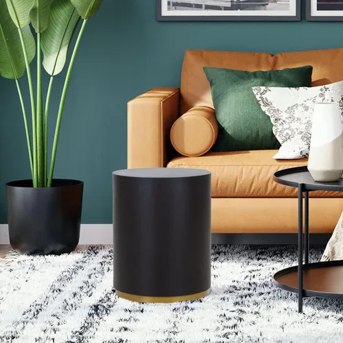 Vista 4 de KEVINSPACE Mesa auxiliar negra con borde dorado en la parte inferior, mesa de centro redonda para espacios pequeños, mesa auxiliar de madera mesita