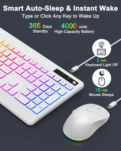Vista 5 de EDJO Wireless Keyboard and Mouse Combo, 10 Backlit Effects, Rechargeable 2.4GHz Silent Full-Size Light Up USB Keyboard with 6 Button RGB Mouse for